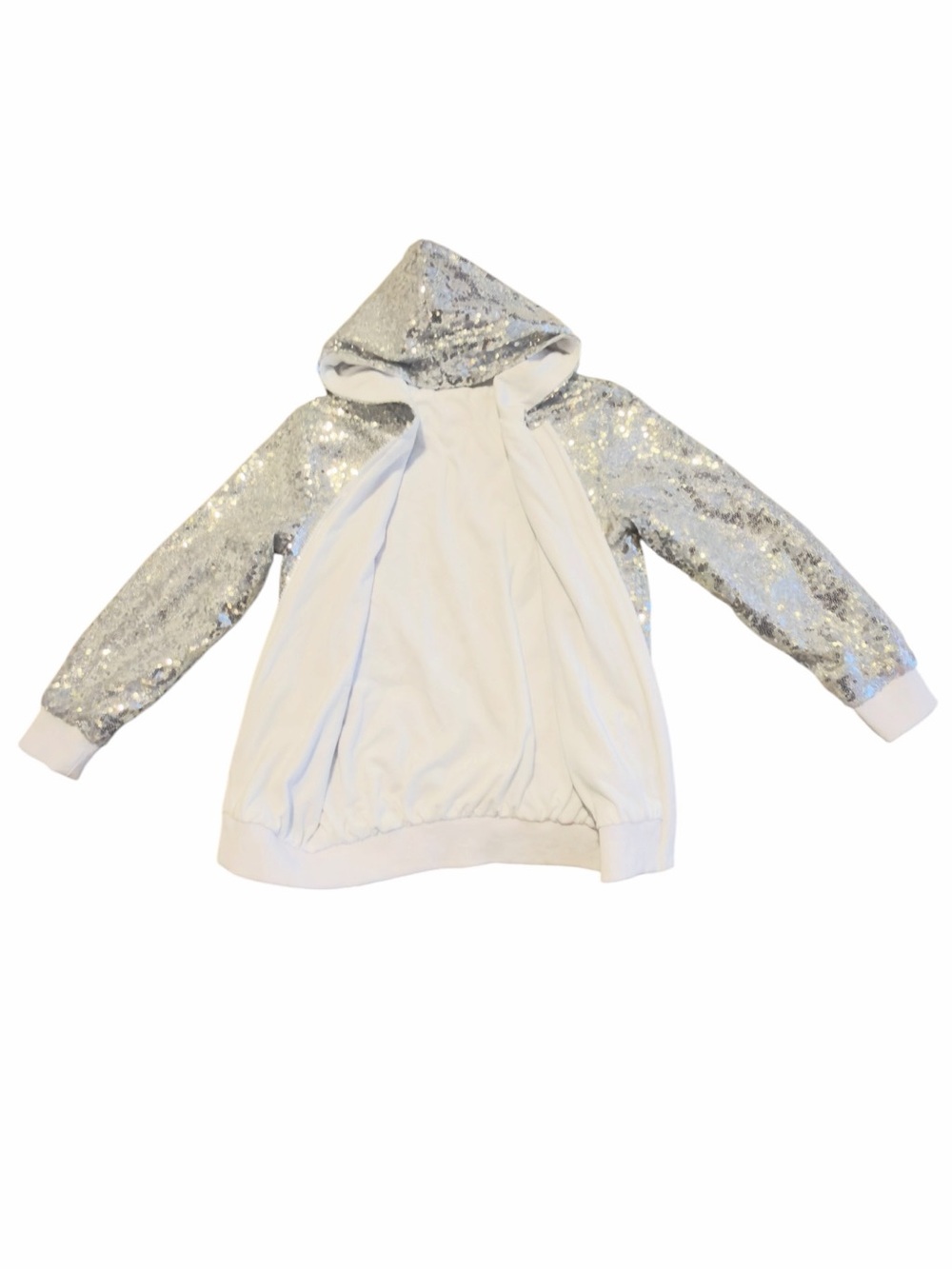 Girls' Silver Sequin Sleeve White Hoodie - Sparkle  (007)